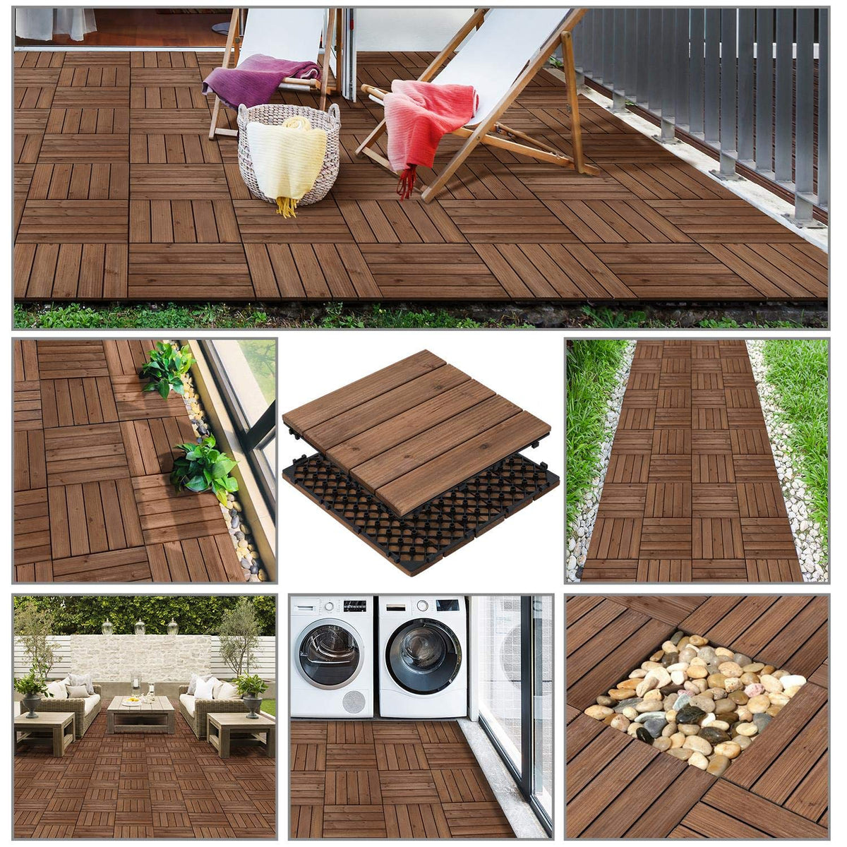 Dalles de terrasse en bois Yaheetech 30 x 30 cm – Brun chaleureux – Bois de sapin et polypropylène