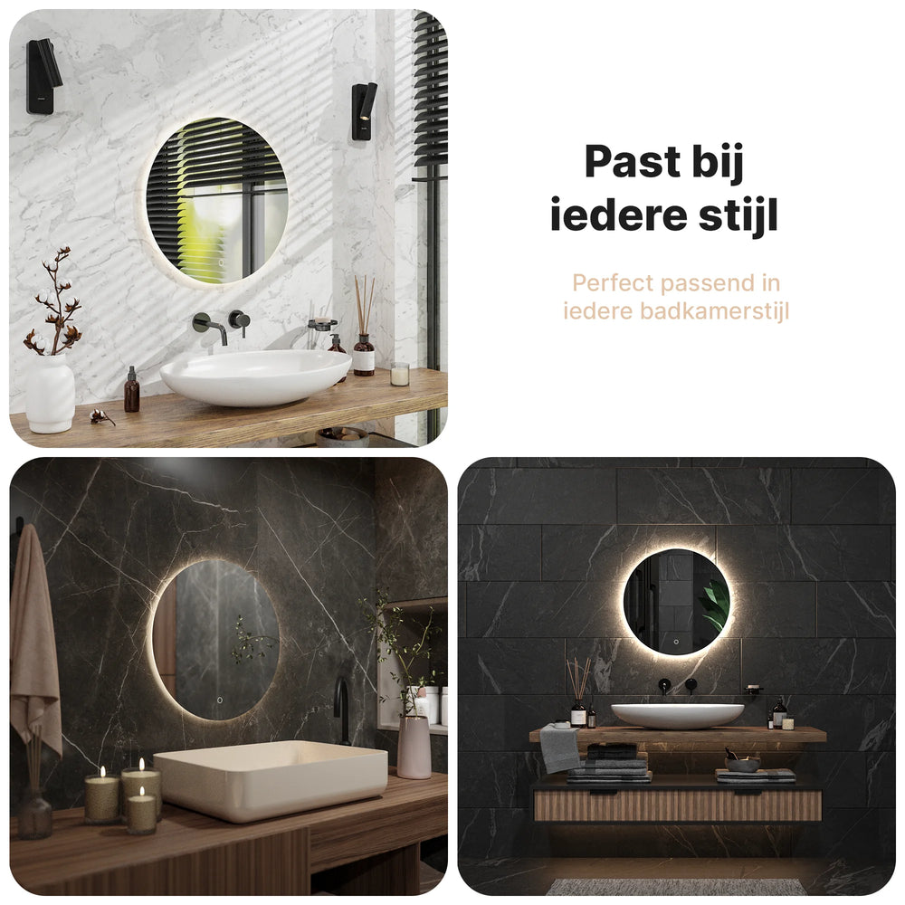 Miroir de salle de bains Mirlux rond sans cadre - Ø 60 cm - LED à intensité variable, anti-buée, capteur tactile