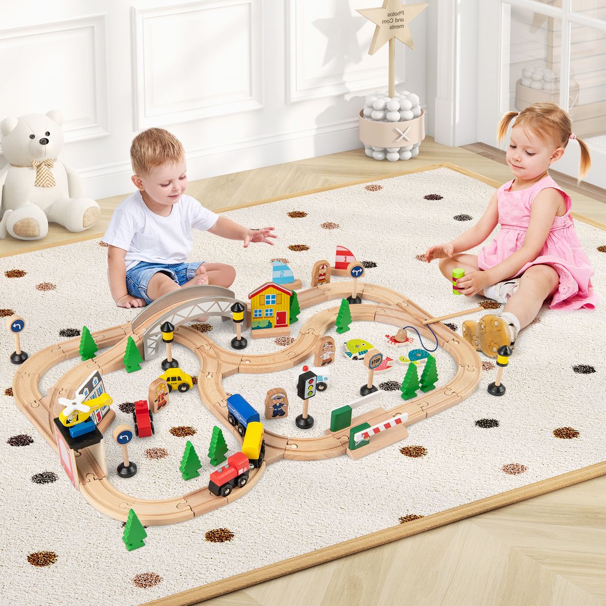 Table de train en bois Coast pour enfants - Table d'activités 5 en 1 - 78 pièces - Couleur naturelle