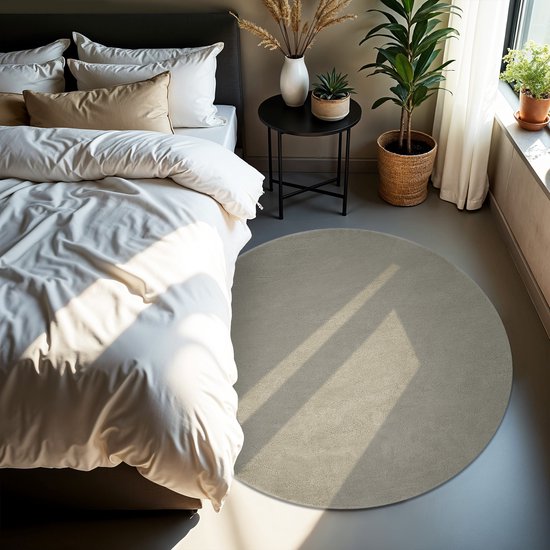 tectake® Tapis à poils courts - Rond - Ø120 cm - Sable - Tapis pour le salon, la chambre à coucher, la salle à manger - Facile d'entretien et lavable - Sous-couche antidérapante - Antiallergique - Diverses tailles et couleurs