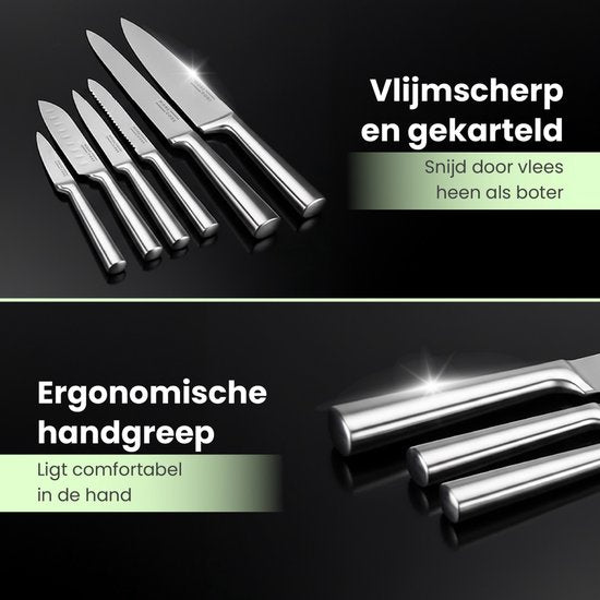 Ensemble de couteaux MoreCore avec bloc et aiguiseur - Bloc à couteaux - Couteaux de cuisine - Ciseaux de cuisine inclus - Couteau de chef - Résistant aux rayures - Acier inoxydable - Couleur argentée/noire - Cadeau pour la fête des pères