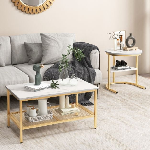 Coast Set de 2 tables d'appoint - Tables basses avec structure en métal doré - Max. 50KG - Or/Blanc