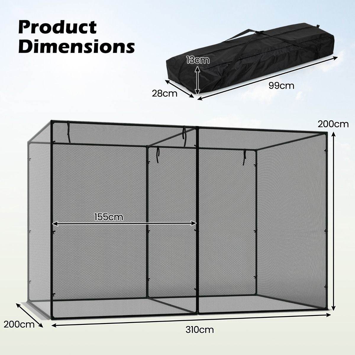 Tente pour plantes Coast - Armature métallique - Filet anti-insectes - Avec sac de transport - 310 x 200 x 200 cm - Noir