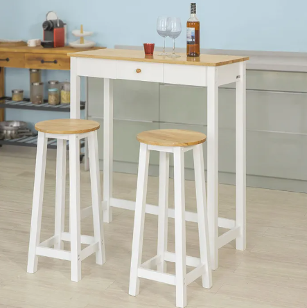SoBuy Table de bar avec 2 tabourets de bar - Max. 90 kg par tabouret - 95 x 40 x 107 cm - Blanc/ Naturel