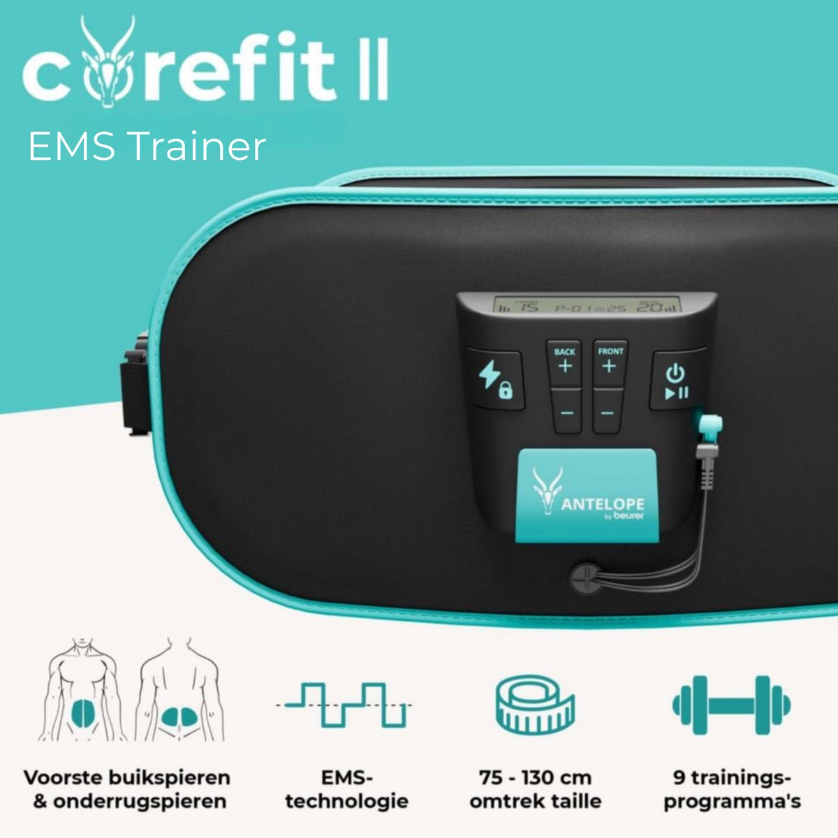 Antelope Corefit II EMS Trainer - Entraînement électrique des muscles abdominaux et dorsaux - 9 programmes - intensité réglable - taille 75-130 cm - piles incluses - pour hommes et femmes