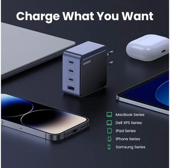 Ugreen Nexode S 100 W, chargeur rapide GaN à 4 ports, version UE, gris – Ordinateur portable, téléphone portable, ordinateur portable, batterie externe, tablette – Gris, alimentation CA, pour usage intérieur