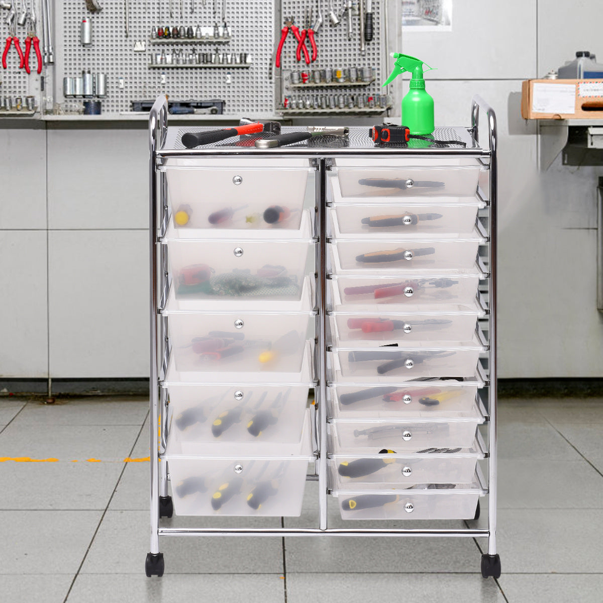 Coasttrolleys met 15 stapelbare laden Roll -containerzijde Trolleys met 15 laden gekleurd/zwart 63 x 37 x 87 cm transparant
