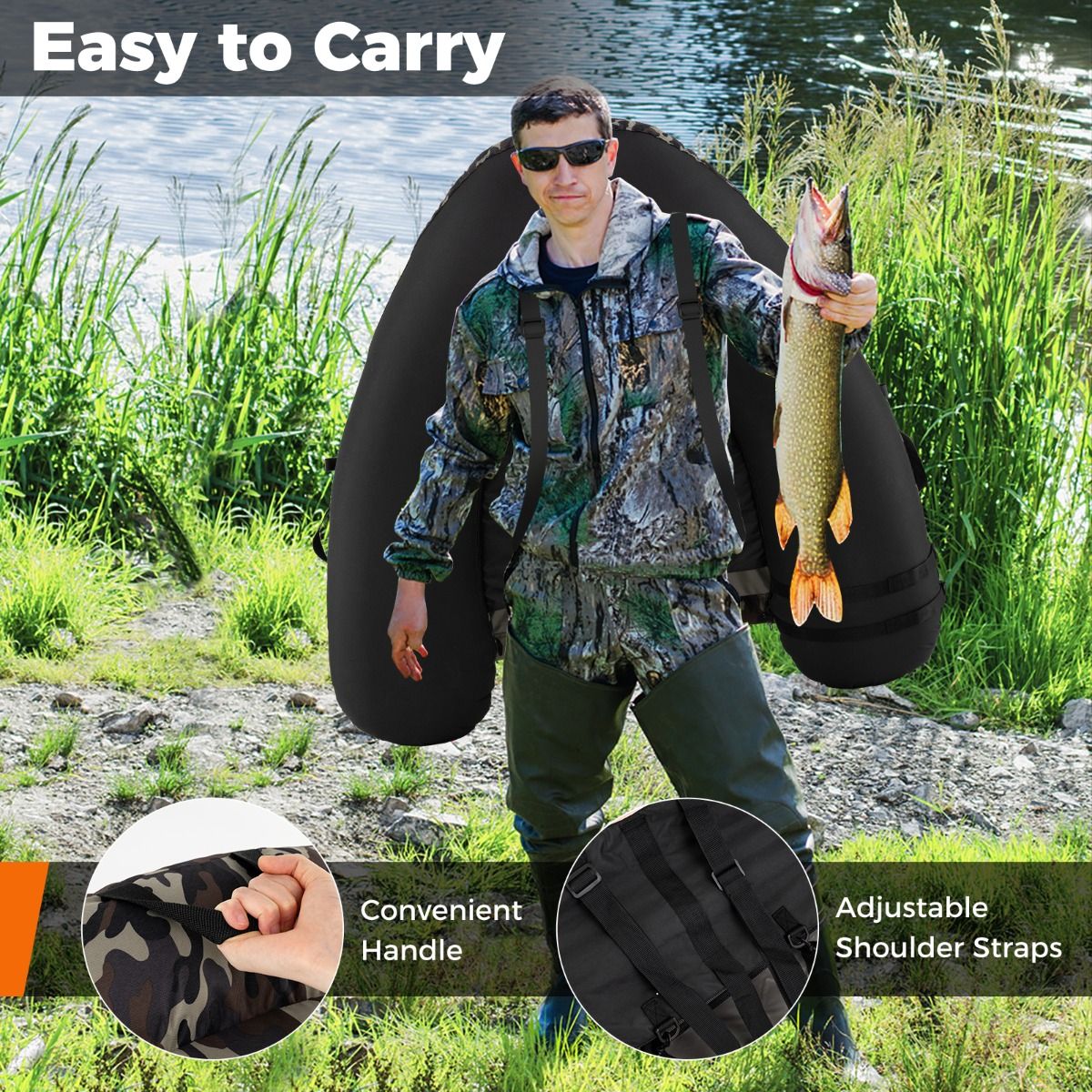 Bateau de pêche gonflable et chaise de camping pliable Coast - Grande capacité de charge - Avec support de canne à pêche et sac de transport - Vert et camouflage
