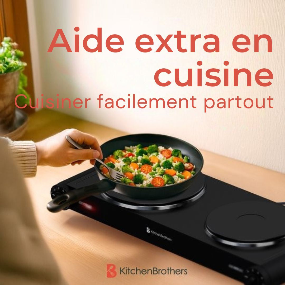 Table de cuisson électrique KitchenBrothers - 2 brûleurs - pose libre - 7 réglages de température - 1500W + 1000W - Noir