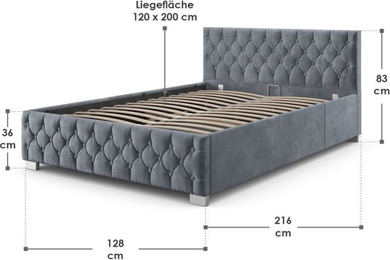 Lit rembourré Nizza - 120 x 200 cm - Gris - Eclairage LED & Tiroir de lit