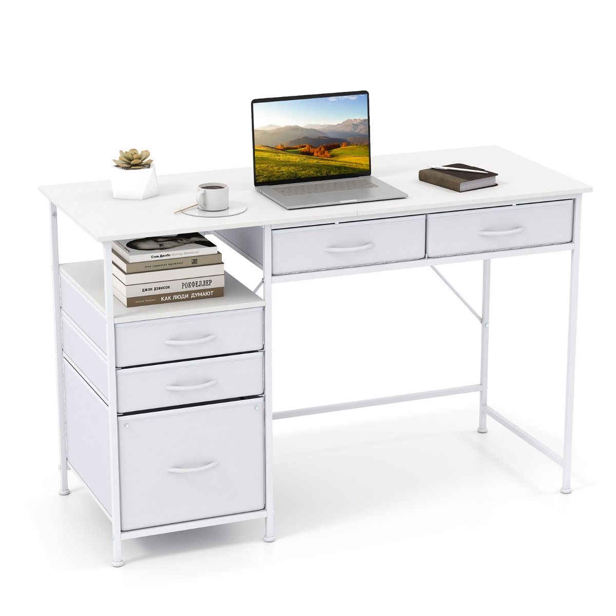 Bureau Coast - avec espace de rangement et étagère ouverte - 5 tiroirs en tissu - structure métallique - 120 x 50 cm - couleur café et noir