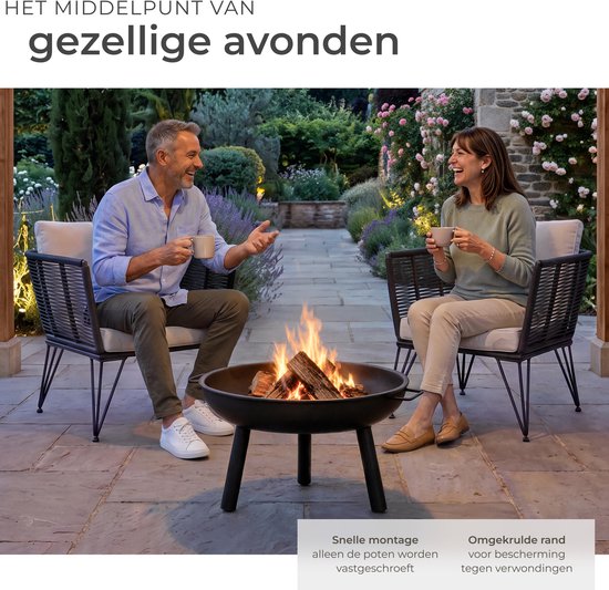 tectake® Brasero Diablo - Acier résistant à la chaleur - Brasero avec tisonnier - Ø 57,5 cm - Foyer de jardin - Foyer d'ambiance d'extérieur - Avec poignées et système d'évacuation de l'eau - Pour le bois de chauffage et le charbon de bois