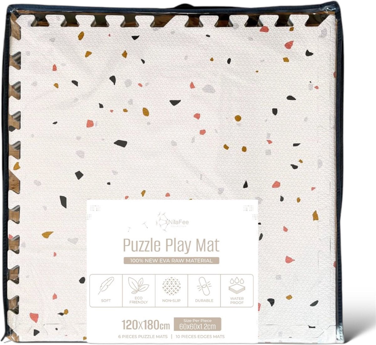 Tapis de jeu de luxe NilaFee pour bébé – Tapis puzzle Terrazzo – 180 x 120 x 1,5 cm – Blanc classique