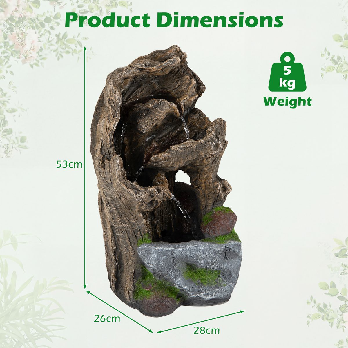 Fontaine de jardin Coast à 4 niveaux - Éclairage LED - Résistante aux intempéries - Marron, 26 x 28 x 53 cm