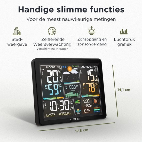LONQ Station météo intérieure et extérieure Q5 - Piles incluses - Station météo sans fil avec capteur extérieur - Thermomètre Hygromètre - Affichage couleur - Horloge contrôlée par DCF