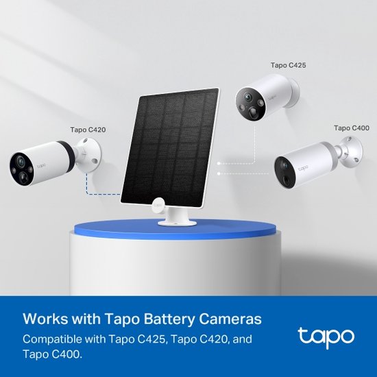 Panneau solaire TP-Link Tapo A200 - Conçu pour les caméras Tapo à batterie - Puissance de charge de 4,5 W - Indice de protection IP65 (résistant aux intempéries) - Câble de 4 m - Rotation à 360 degrés