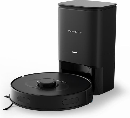 Robot aspirateur OttoSimon noir, pour nettoyage à sec et humide, avec fonction de lavage des sols et application.