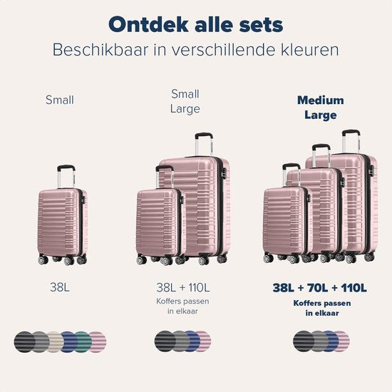 TRVLMORE Set de valises - 3 pièces - 38L Hand Luggage + 70L and 110L Spacious Luggage - Lightweight - Trolley - Travel Suitcase Set - Rose Gold