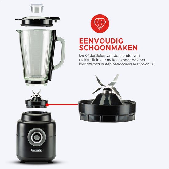 Bourgini PowerBlender - 1.75L - Blender à emporter avec gobelet de 700ml - Blender smoothie et broyeur de glace - 1000 watts - Noir