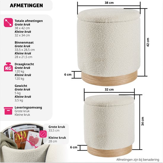 tectake® - Lot de 2 tabourets avec rangement - tissu bouclé teddy - Scandi - Tabouret rembourré rond - Pour table de maquillage, chambre, salon - 2 tailles (38 et 32cm)