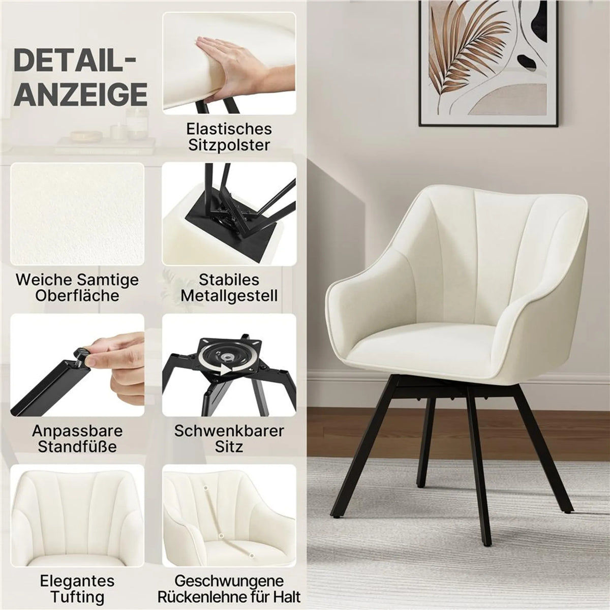 Chaise de salle à manger pivotante à 360° Yaheetech en velours, 55 x 58,5 x 82 cm – Beige élégant – Polyester et métal