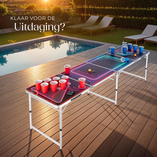 tectake® Table de Beer Pong - Avec décorations de fête - Eclairage LED - Table de Beer Pong réglable en hauteur et pliable - Jeu de boisson avec accessoires - 100x gobelets en plastique, 6x balles de ping pong, Jeu de cartes avec cartes