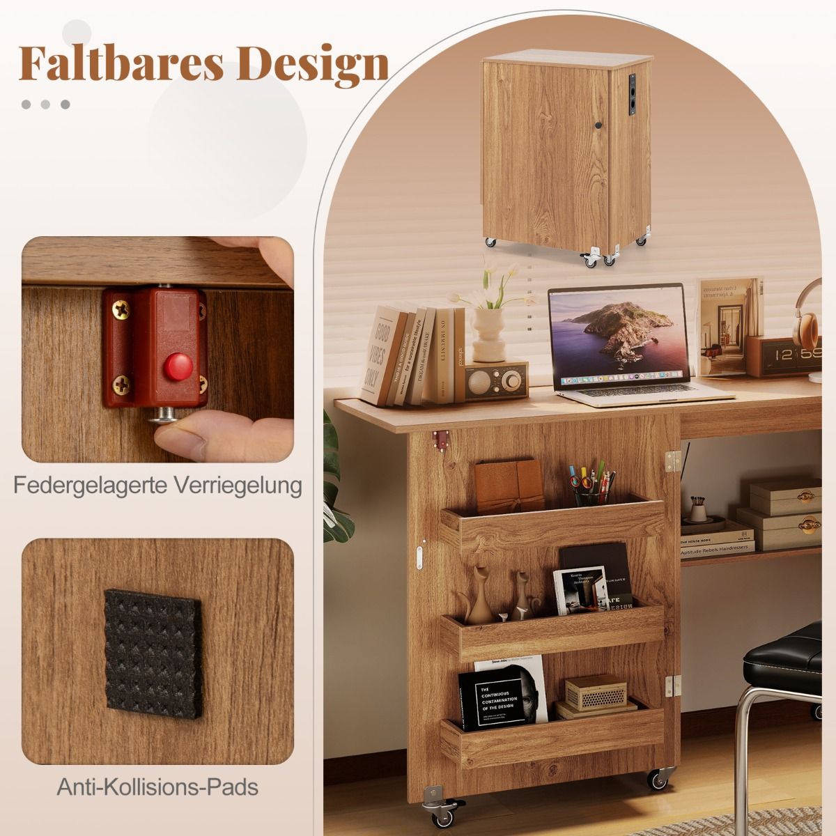 Meuble de couture pliable Coast - 2 en 1 avec station de recharge et étagères de rangement - couleur naturelle