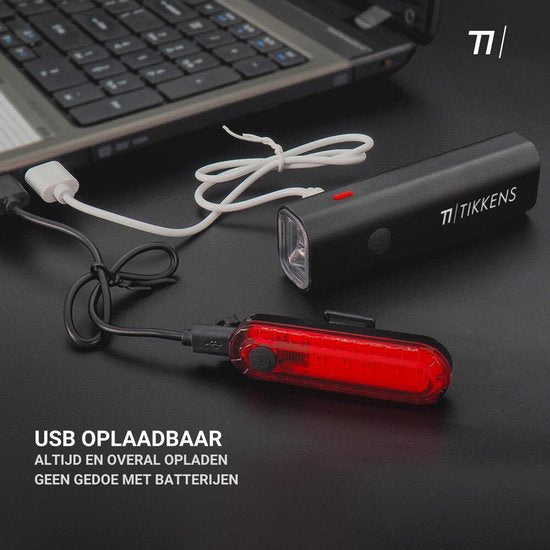 TIKKENS Kit d'éclairage LED pour vélo - Eclairage vélo USB rechargeable - Eclairage vélo avant et arrière - Eclairage VTT et vélo de route - Eclairage vélo avant et arrière étanche