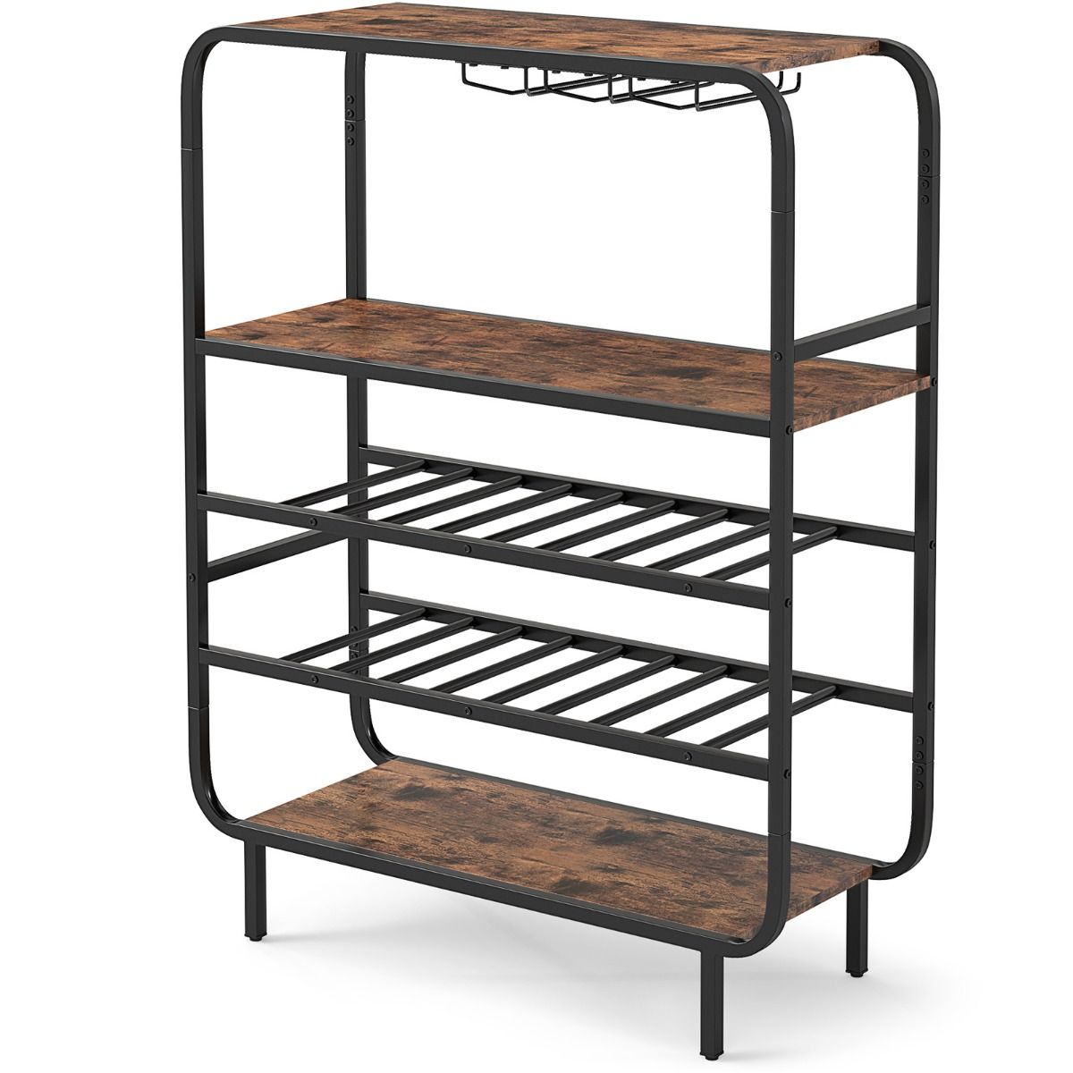 Étagère à vin Coast - cinq étages - porte-verres et plateau - noir et marron rustique - 91 x 35 x 117 cm