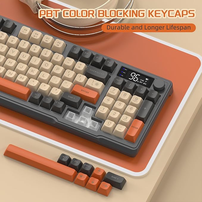 FREEWOLF M96 Wireless Gaming Keyboard, clavier mécanique sans fil Bluetooth/2.4G, rétro-éclairage LED RGB avec écran, capuchon de clavier PBT, 3000mAh, US Layout pour Win/Mac Flickering
