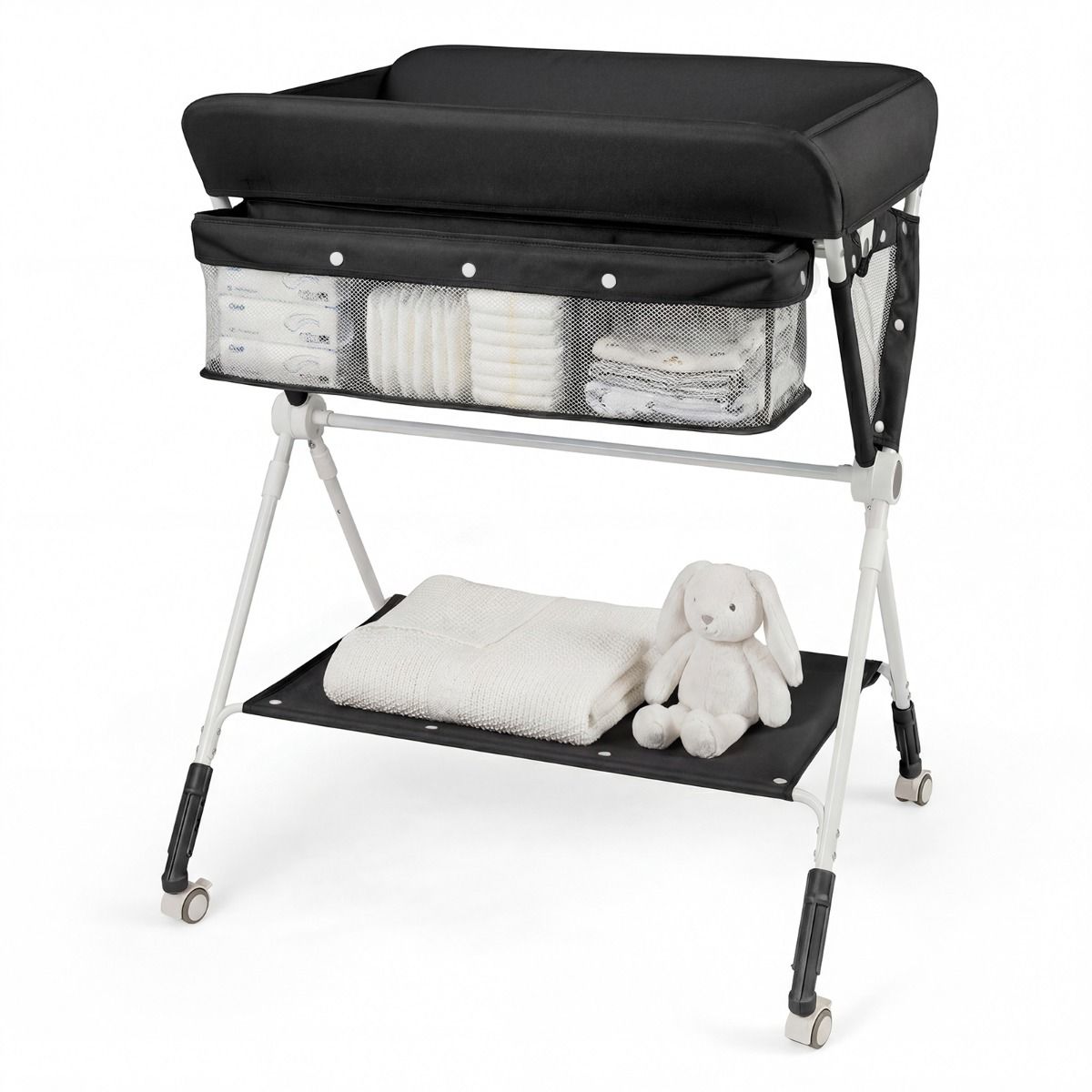 Table à langer pliable Coast - Hauteur réglable sur 3 niveaux - Avec espace de rangement et roulettes - 81 x 66,5 x 95-101 cm
