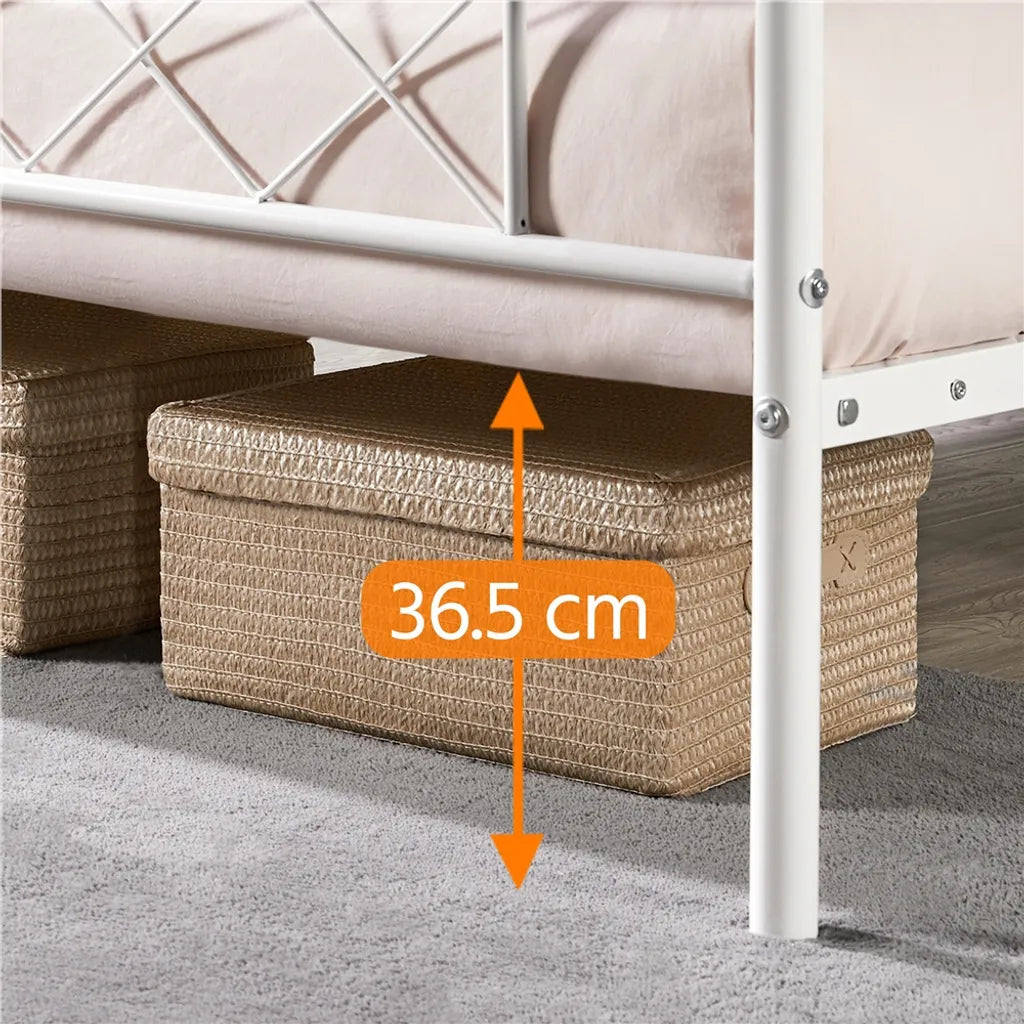 Yaheetech Cadre de lit 90 × 190 cm - Métal blanc - Lit simple avec tête de lit X-Design, sommier à lattes et espace de rangement de 32,5 cm