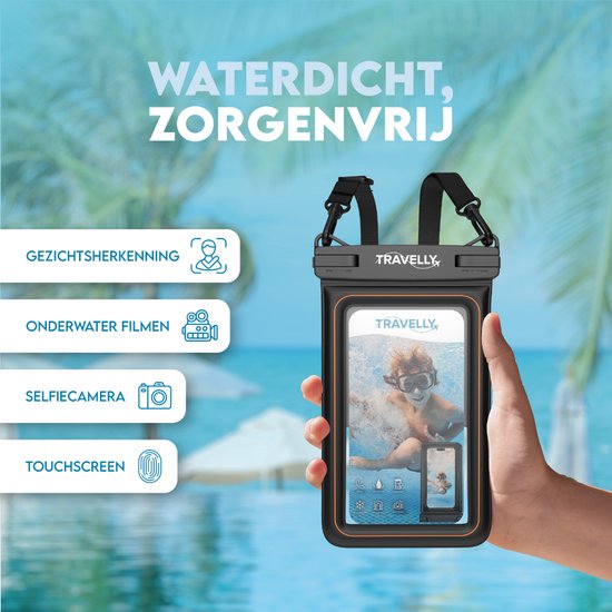 Travelly® Luxe Waterproof Phone Case - Étui sous-marin universel pour smartphone - Convient à tous les téléphones - Sacoche sèche - Pour les vacances, la natation et les sports nautiques - Noir