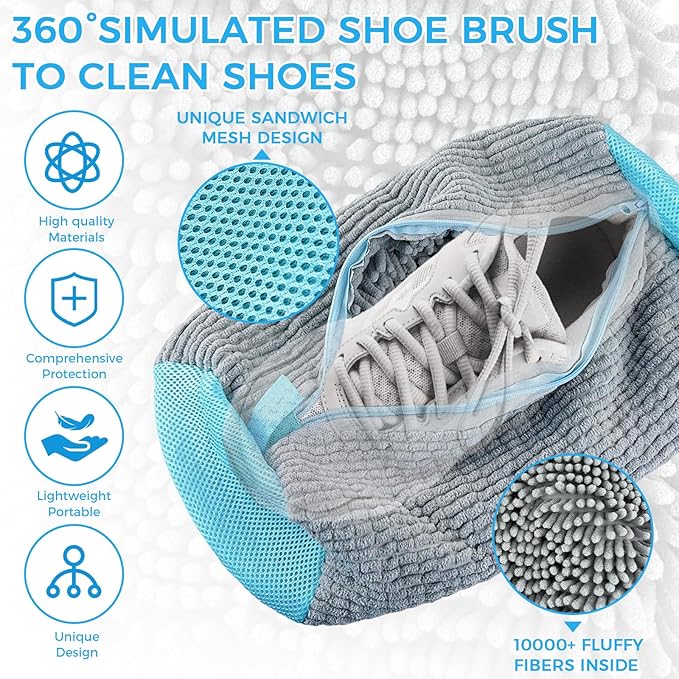 CNMTCCO - Sac de lavage pour chaussures 2 pièces, Sacs de lavage avec fermeture à glissière, sac de lavage pour chaussures en peluche, sac de nettoyage 360°, protection multifonctionnelle pour chaussures de sport - chaussures de tennis - gris