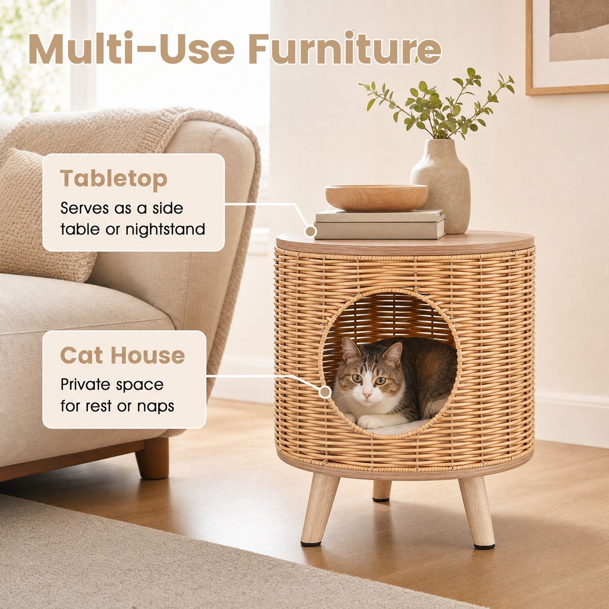 Coast Maison pour chat avec structure en rotin - coussin amovible - sur pieds - couleur naturelle - 36 x 41 cm