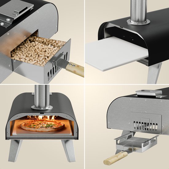 KitchenBrothers Four à Pizza - Au feu de bois - Modèle de table - Pliable - Sans PFAS - Pierre à pizza - jusqu'à 460°C - Pizzeria - Set complet - Four à Pizza d'extérieur - Noir/RVS