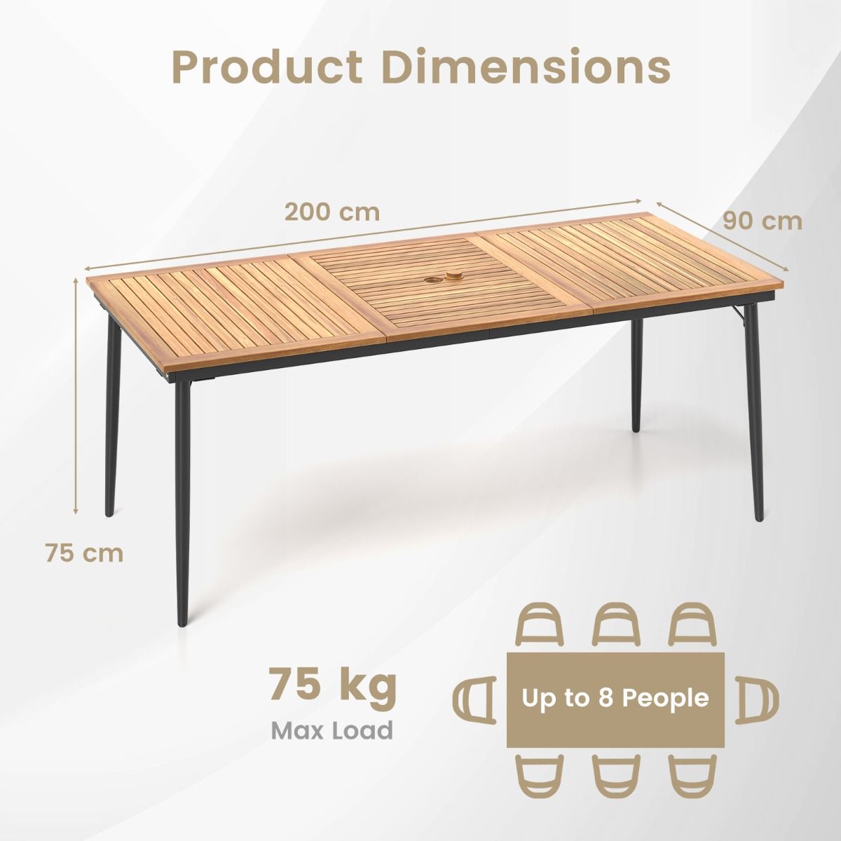 Table de jardin Coast pour 8 personnes - bois d'acacia avec pieds en métal - trou pour parasol de 5 cm - couleur naturelle et noire - 200 x 90 cm