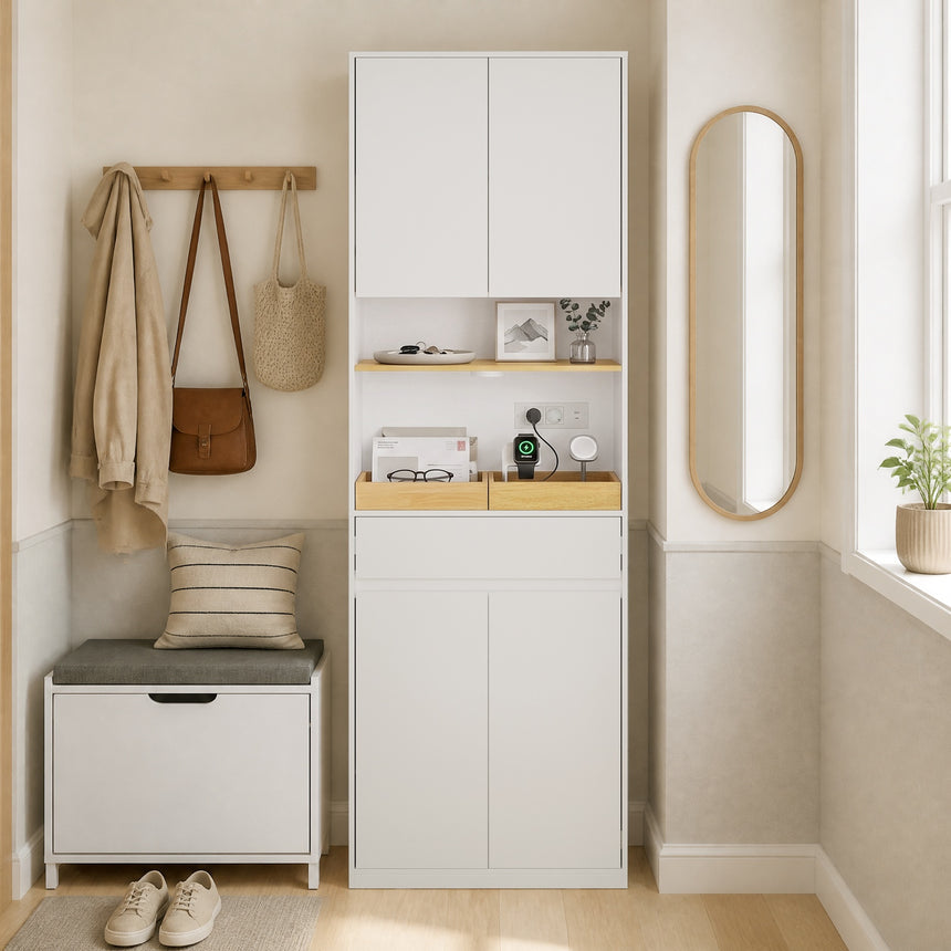 Armoire de salle de bains SoBuy avec éclairage LED, prise électrique et panier à linge – 60 x 30 x 180 cm – capacité de charge de 85 kg