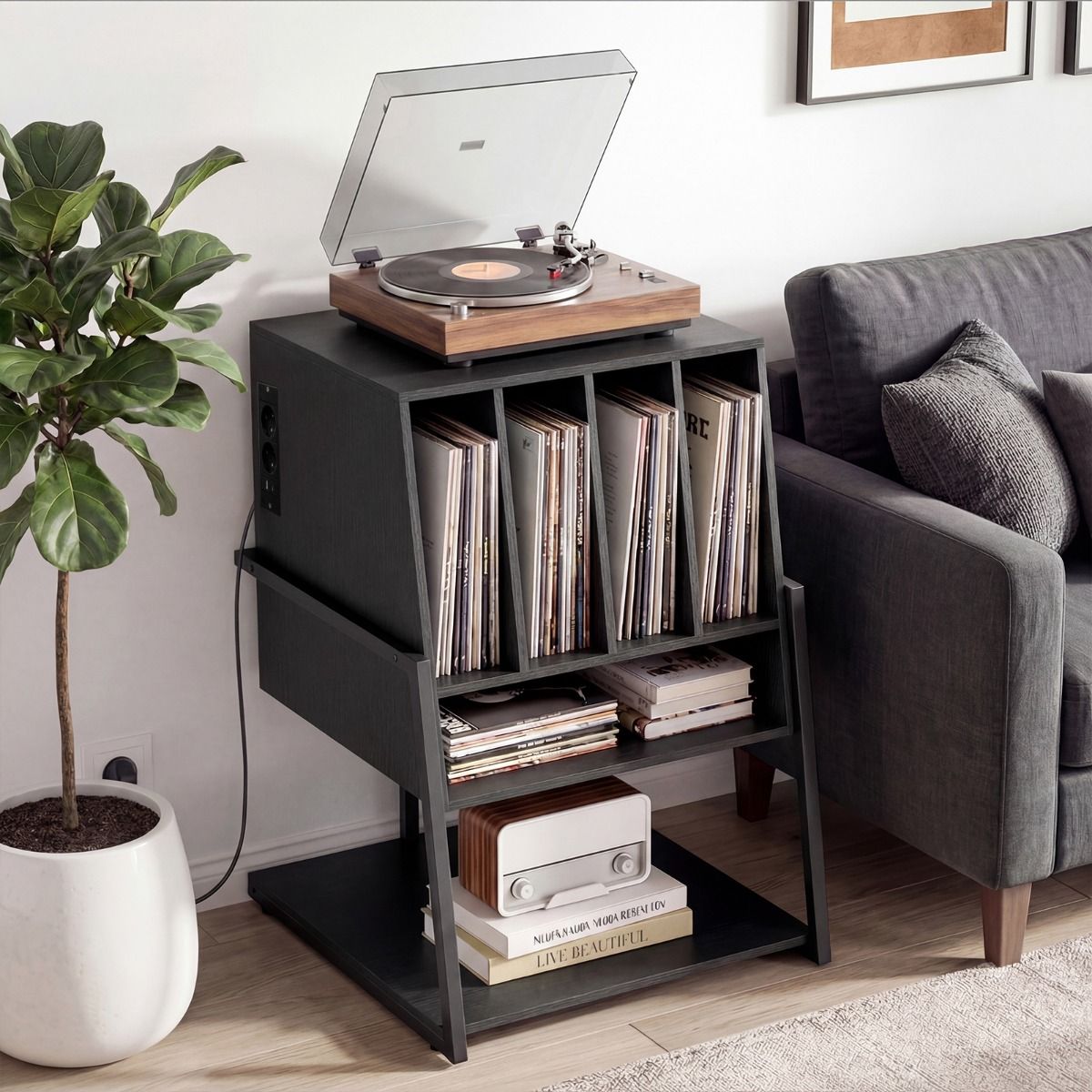 Étagère à disques Coast - meuble de rangement en bois avec station de recharge - roulettes ou pieds réglables - noir/marron rustique - 54 x 57 x 76,5 cm