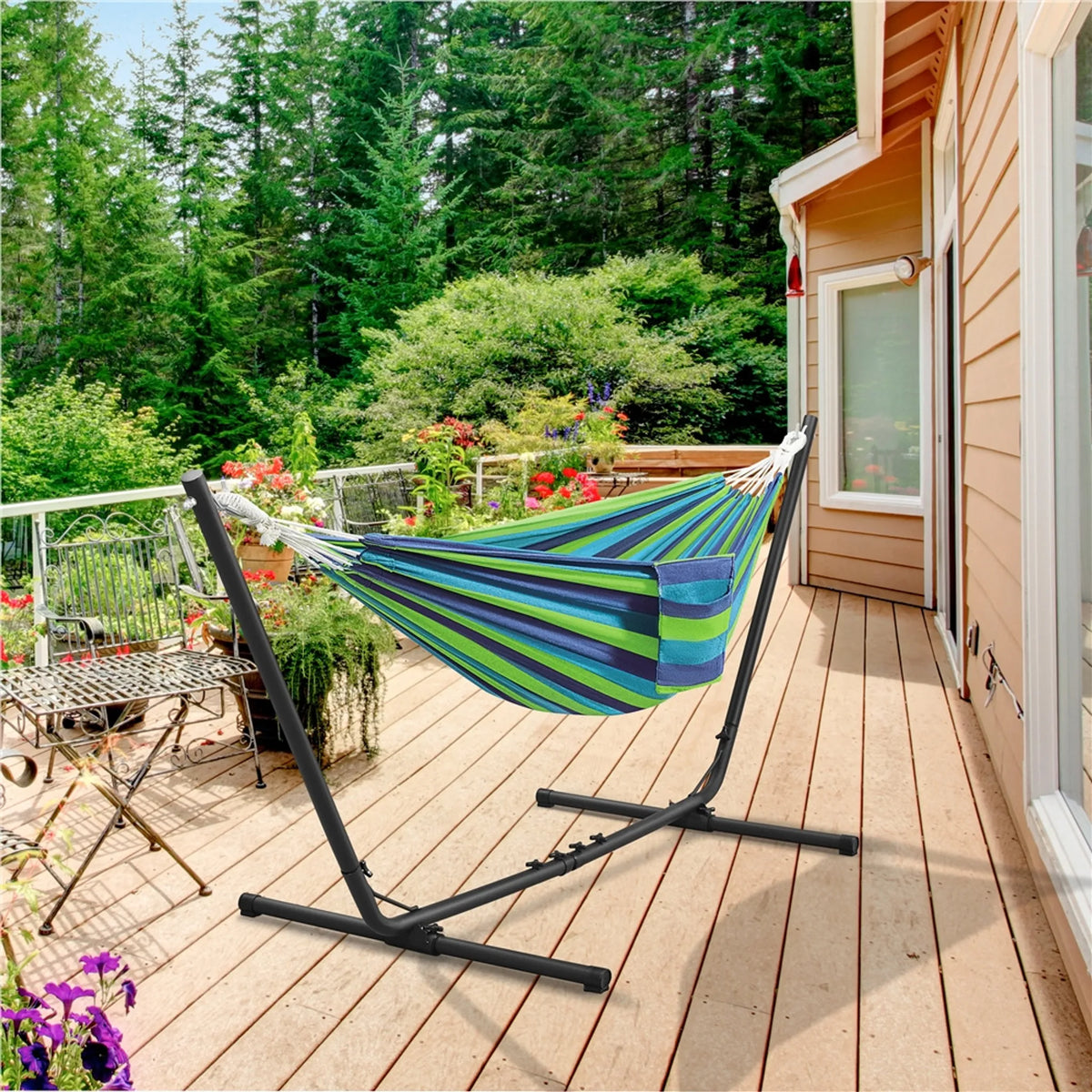 Hamac de camping Yaheetech avec armature en acier – 294/304/314 cm – Rayures bleu-vert – Capacité de charge de 205 kg
