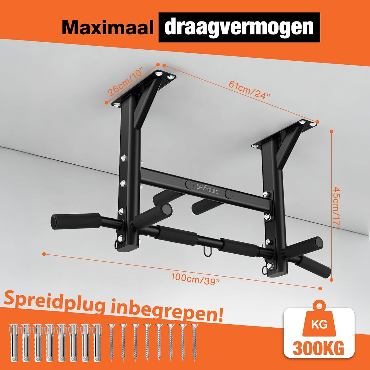 Barre de traction de plafond DH FitLife 4-en-1 - 8 prises - Jusqu'à 300 kg - 44,5 x 25,5 cm - Noir