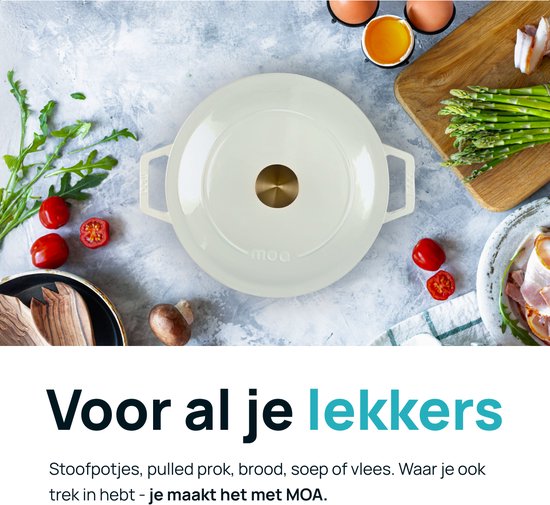 MOA Casserole en fonte - 7,2L - Pour toutes les sources de chaleur y compris l'induction - Avec couvercle - Ø 30cm - Revêtement antiadhésif - Blanc