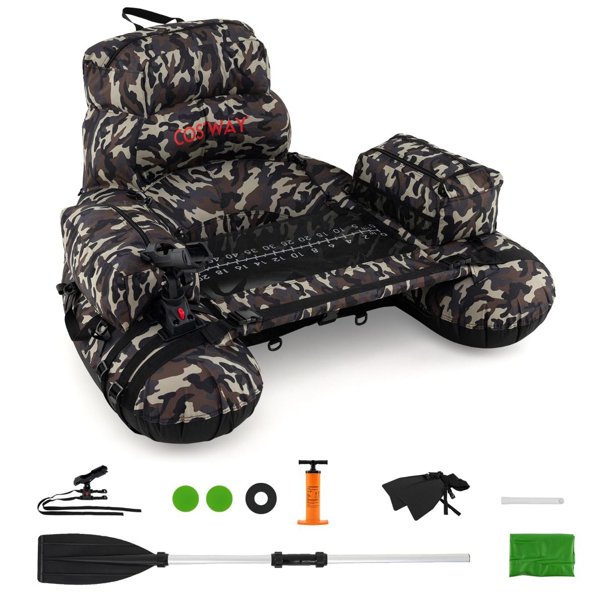 Bateau de pêche gonflable et chaise de camping pliable Coast - Grande capacité de charge - Avec support de canne à pêche et sac de transport - Vert et camouflage