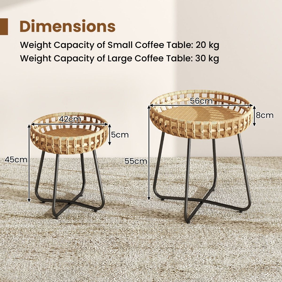 Ensemble Coast de 2 tables basses rondes - Rotin tressé à la main - Piètement en métal - Marron et noir
