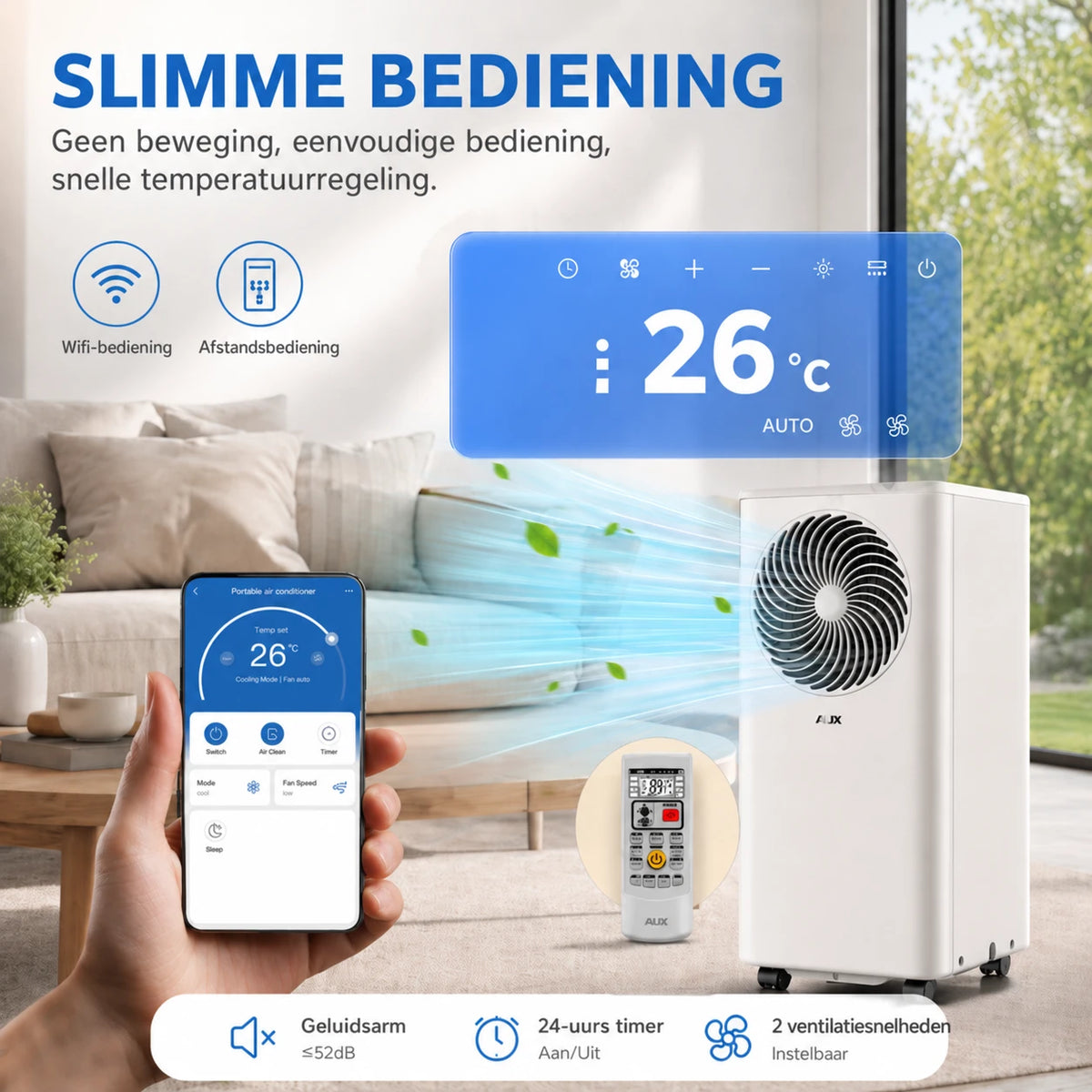Climatiseur mobile AUX 3-en-1 - 9 000 BTU - Wi-Fi - classe énergétique A
