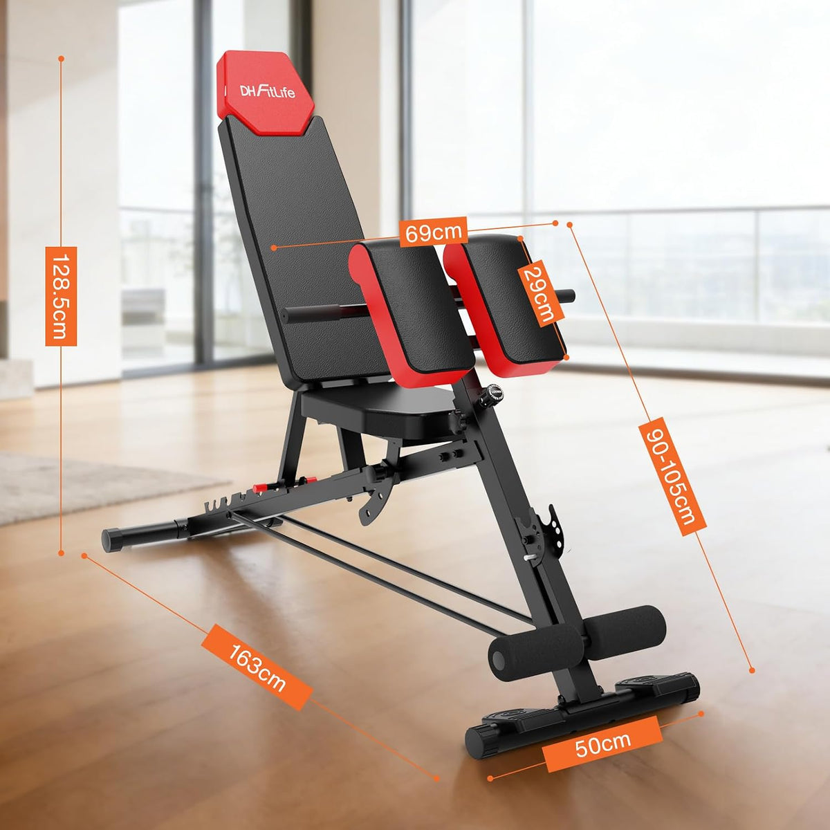Banc de musculation DH FitLife 6-en-1 - Dossier réglable - Hyperextension et Nordic Curl - Jusqu'à 350 kg - 163 x 50 x 130 cm - Noir
