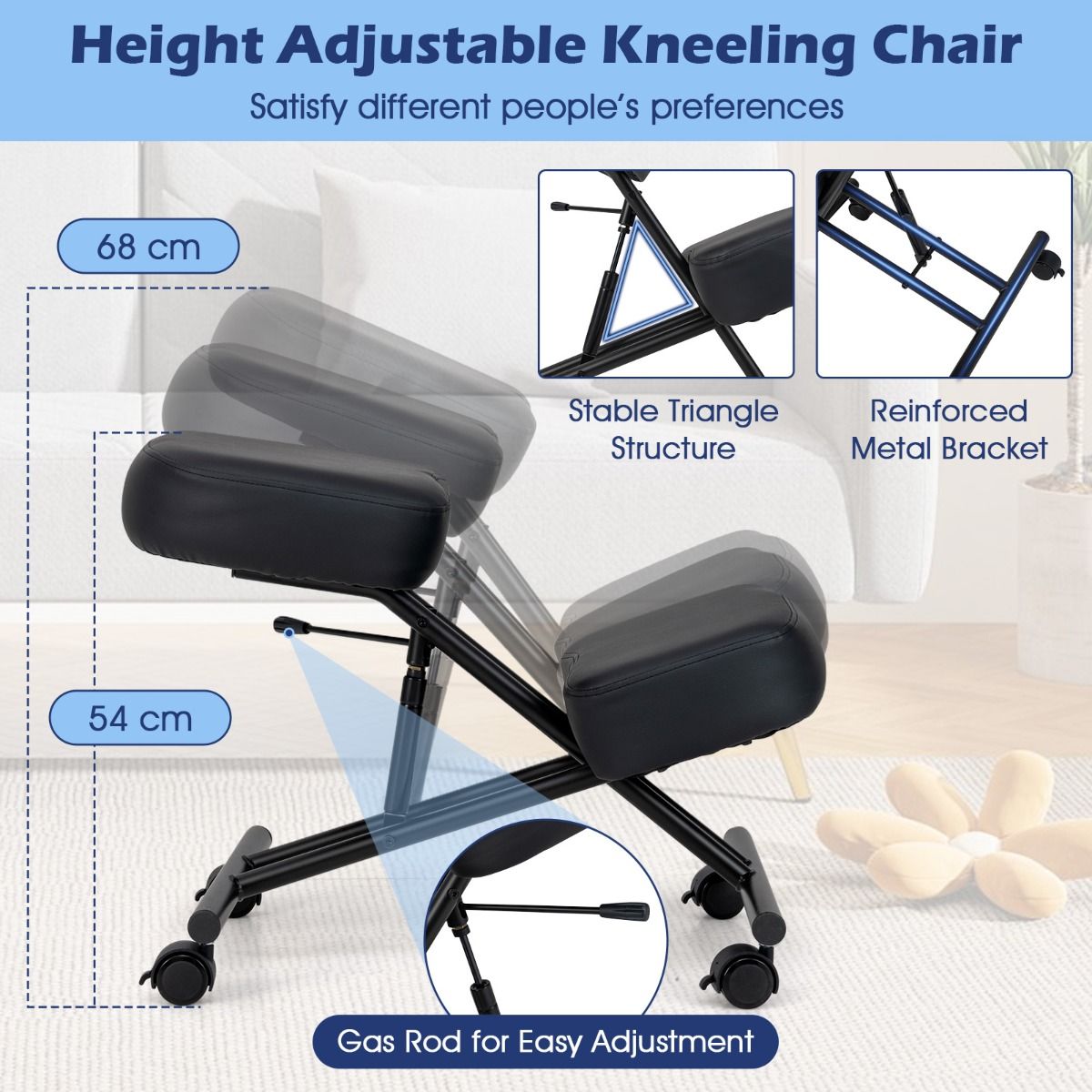 Siège ergonomique Coast pour les genoux - Réglable en hauteur - À roulettes - Noir