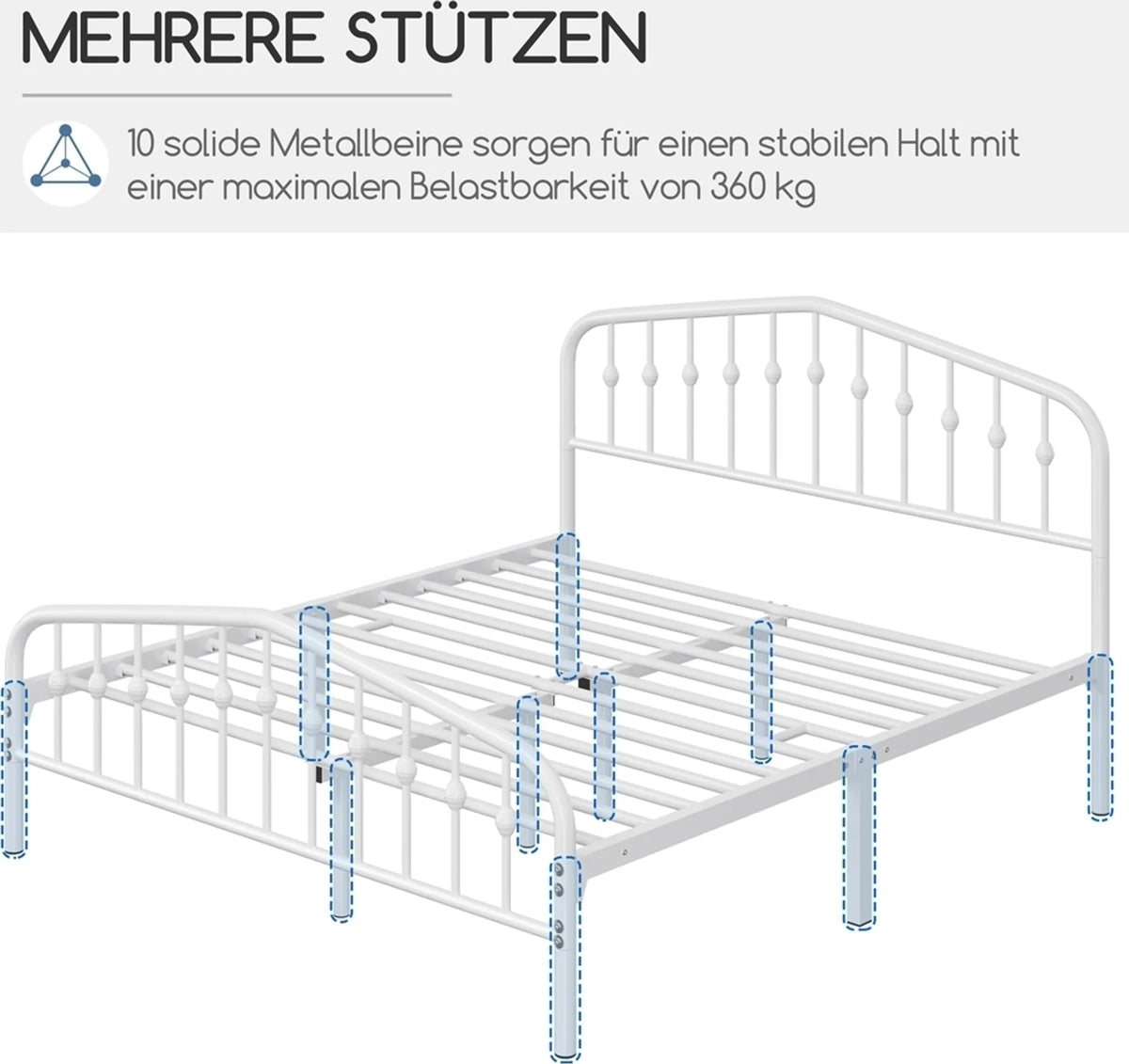 Lit classique en métal Yaheetech avec tête de lit haute 160 x 200 cm – Blanc – Métal