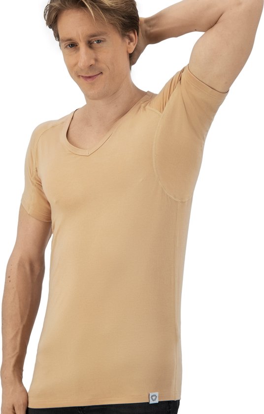 Tshirt anti transpiration - Fibershirts® - Coussinets d'aisselles cousus - Maillot de corps - beige - Col en V - Hommes - Taille S