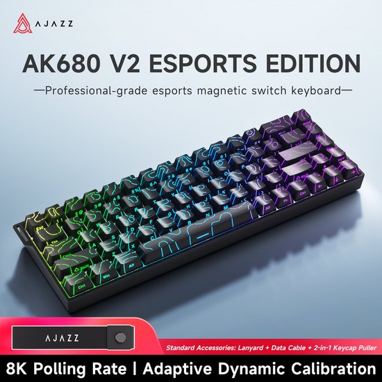 Ajazz AK680 V2 HE - Clavier gaming filaire à 65 % - Touches magnétiques - Effet Hall - Rapid Trigger - QWERTY - Contour noir